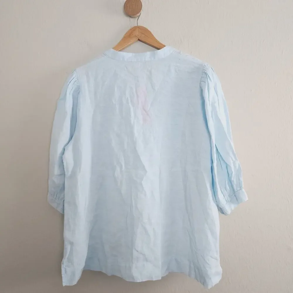 Lilly Pulitzer Mialeigh Blue Linen V-Neck Puff Sleeve Tunic Top NWT XL $138